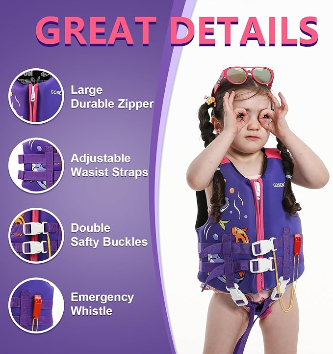 Chaleco de natación para niños pequeños con correa de seguridad ajustable, fácil de poner y quitar para niños de 24 a 65 libras, para niños y niñas, para aprender a nadar.