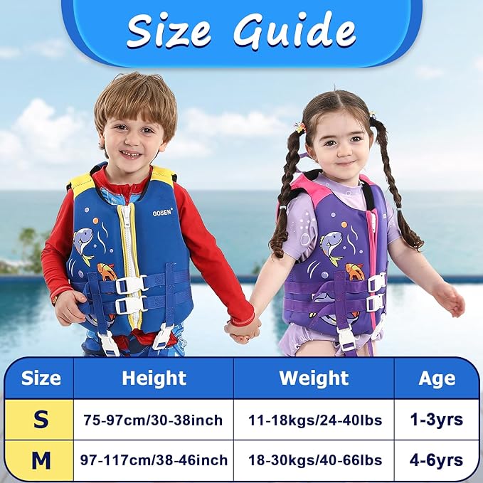 Chaleco de natación para niños pequeños con correa de seguridad ajustable, fácil de poner y quitar para niños de 24 a 65 libras, para niños y niñas, para aprender a nadar.