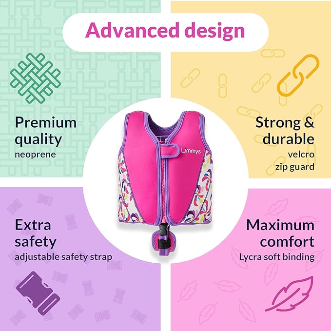 Limmys Chaleco de Natación de Neopreno de la Marca Premium para Niños - Flotador para el Aprendizaje de la Natación Ideal para Niños - Incluye una Bolsa con Cordón Extra.