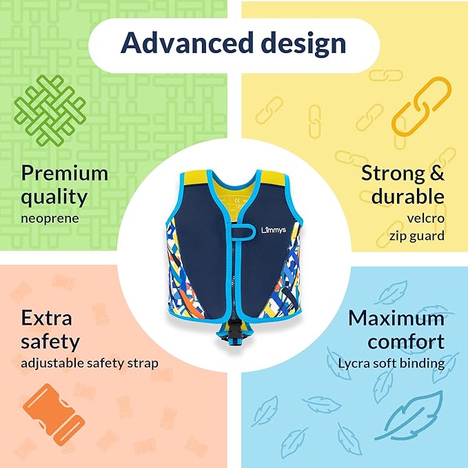 Limmys Chaleco de Natación de Neopreno de la Marca Premium para Niños - Flotador para el Aprendizaje de la Natación Ideal para Niños - Incluye una Bolsa con Cordón Extra.
