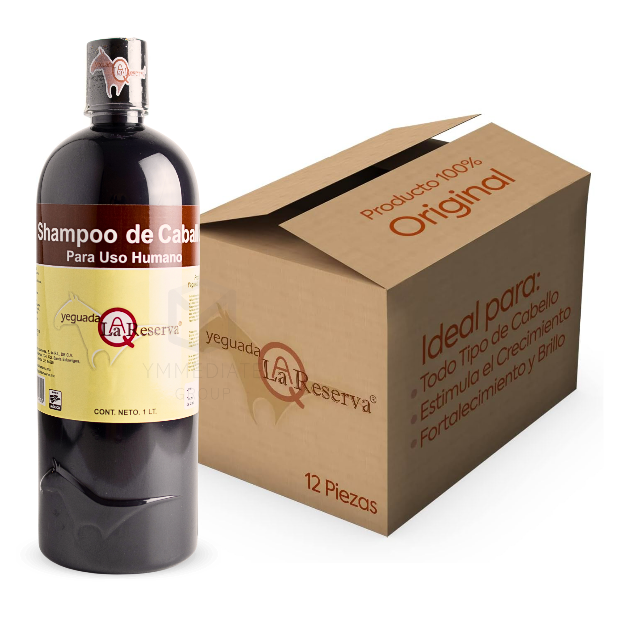 Shampoo de Caballo NEGRO para Uso Humano, Yeguada la Reserva. Ideal para Todo Tipo de Cabello . Estimula el Crecimiento, Fortalecimiento y Brillo . 1 L (12 Botellas)
