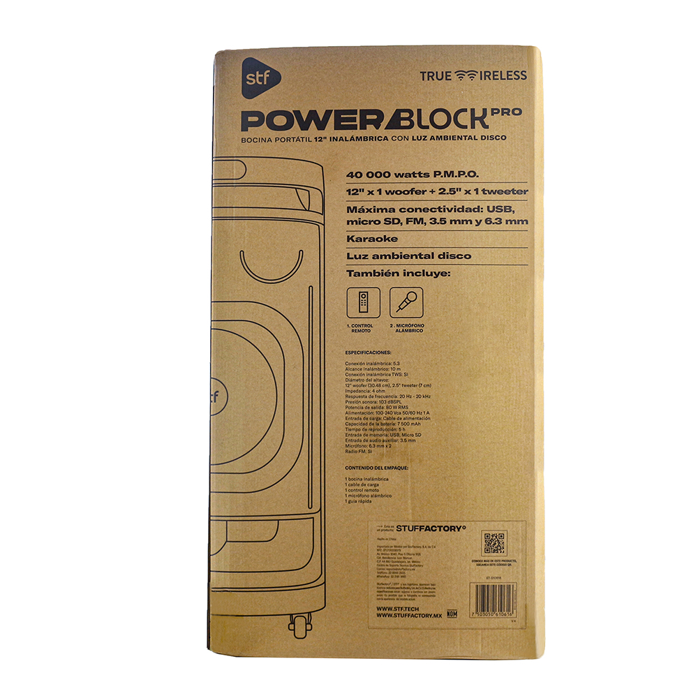 Bocina Inalámbrica  Power Block Pro STF 12" pulgadas 5hrs uso 80W función TWS ruedas de transporte