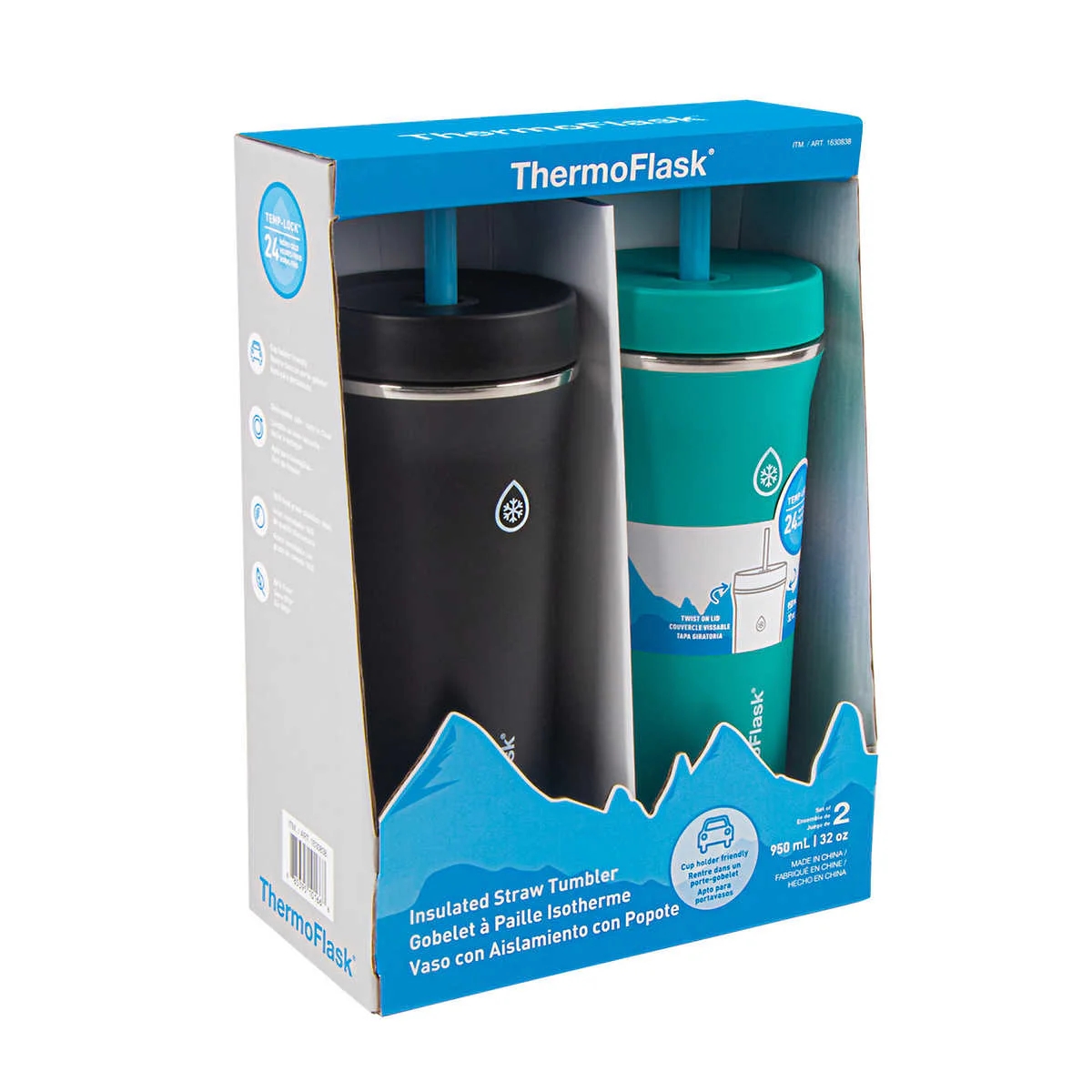 Thermoflask - Vasos de Popote Estándar Aislado de 32 oz, paquete de 2 (negro y Verde azulado).