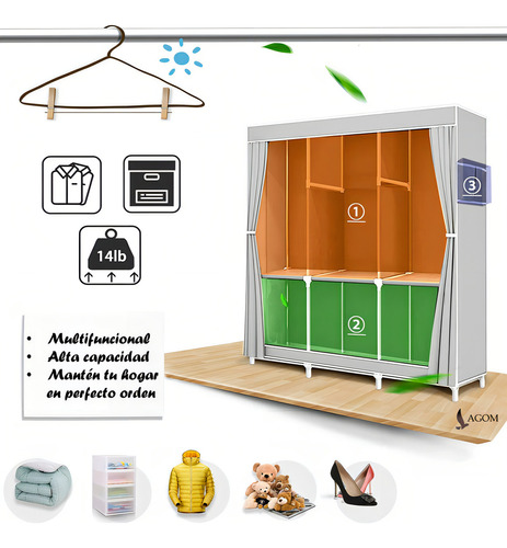 Closet Armable Plegable Ropero Armario De Tela Ligero Lagom 125*45*168cm Estante De Ropa Organizador Para Almacenar Perchero Moderno Marco De Acero Fuerte Y Resistente Gran Capacidad Fácil De Instalar.