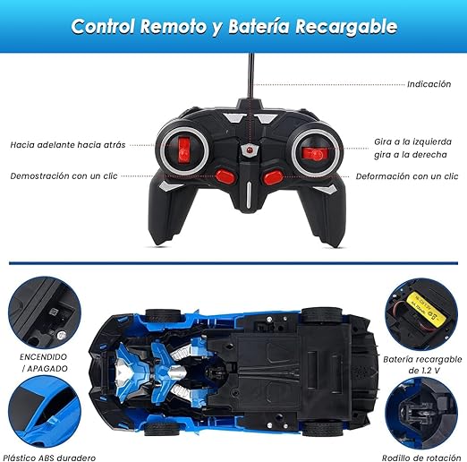 E T EASYTAO Carro de Control Remoto, Robot de Deformación RC 2.4 GHz Giratorio de 360° con Luz LED, Juguetes para Niño, Día del Niño (Azul).