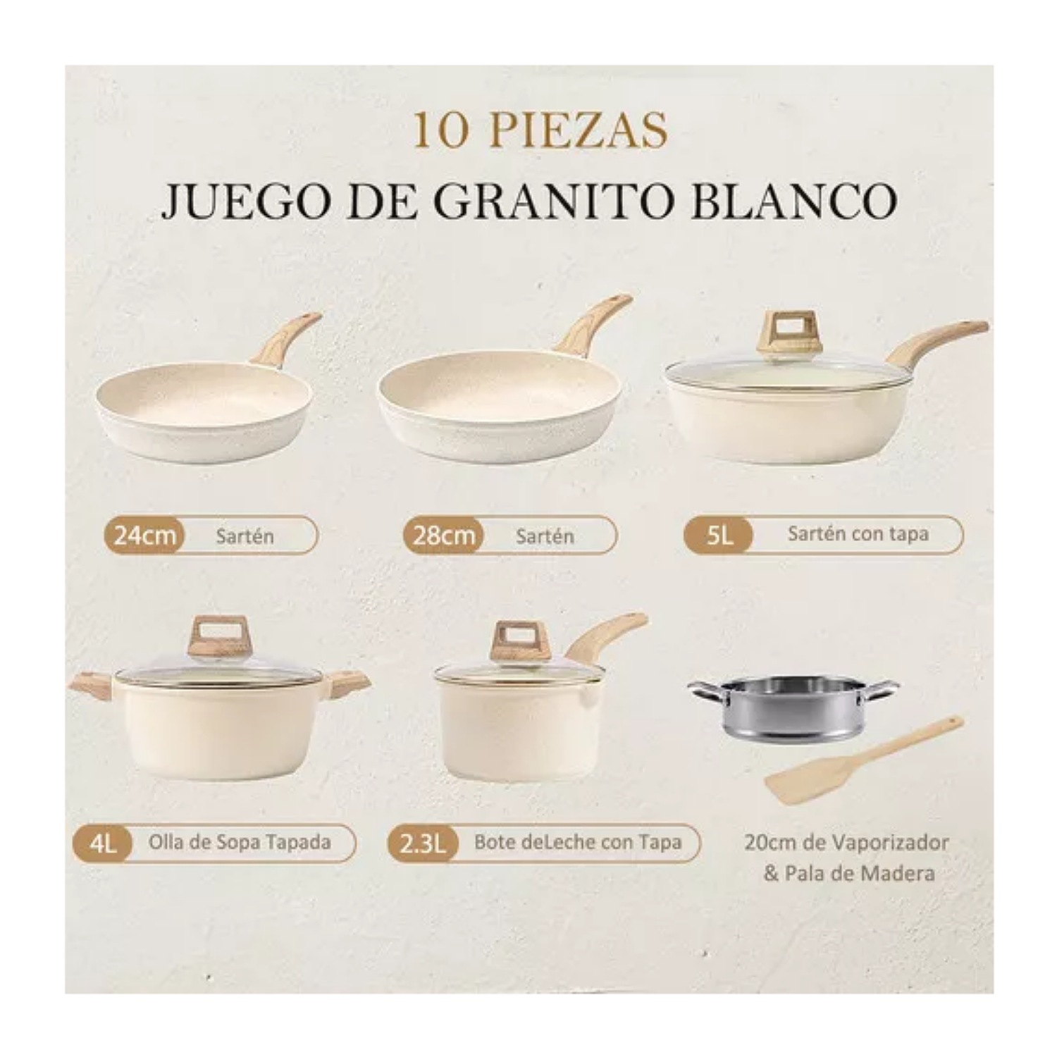 Juego de utensilios de cocina, ollas y sartenes Medical Stone, 10 piezas, color blanco.