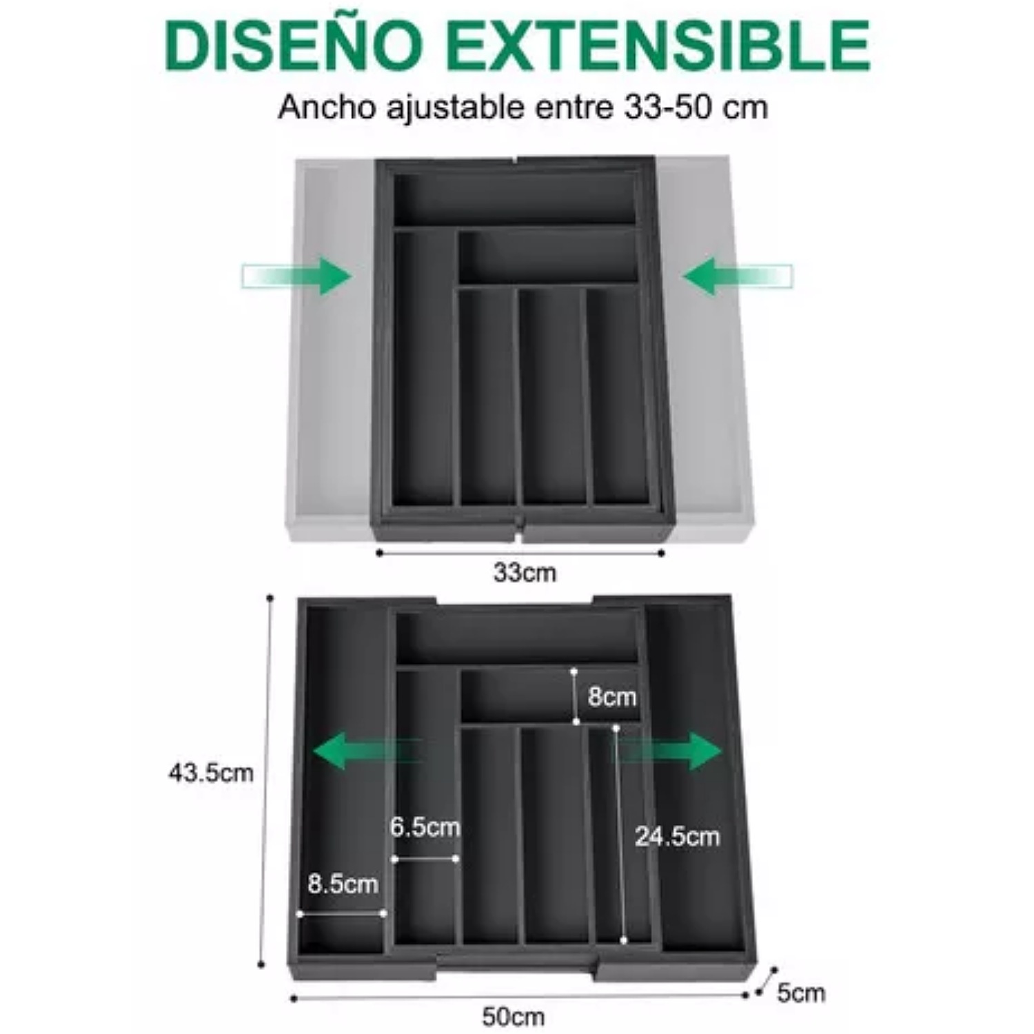Organizador de cubiertos expandible de 8 compartimentos, Organizador de cubiertos de cocina expandible, Organizador de plástico ajustable, Organizador de utensilios para cajones de cocina.