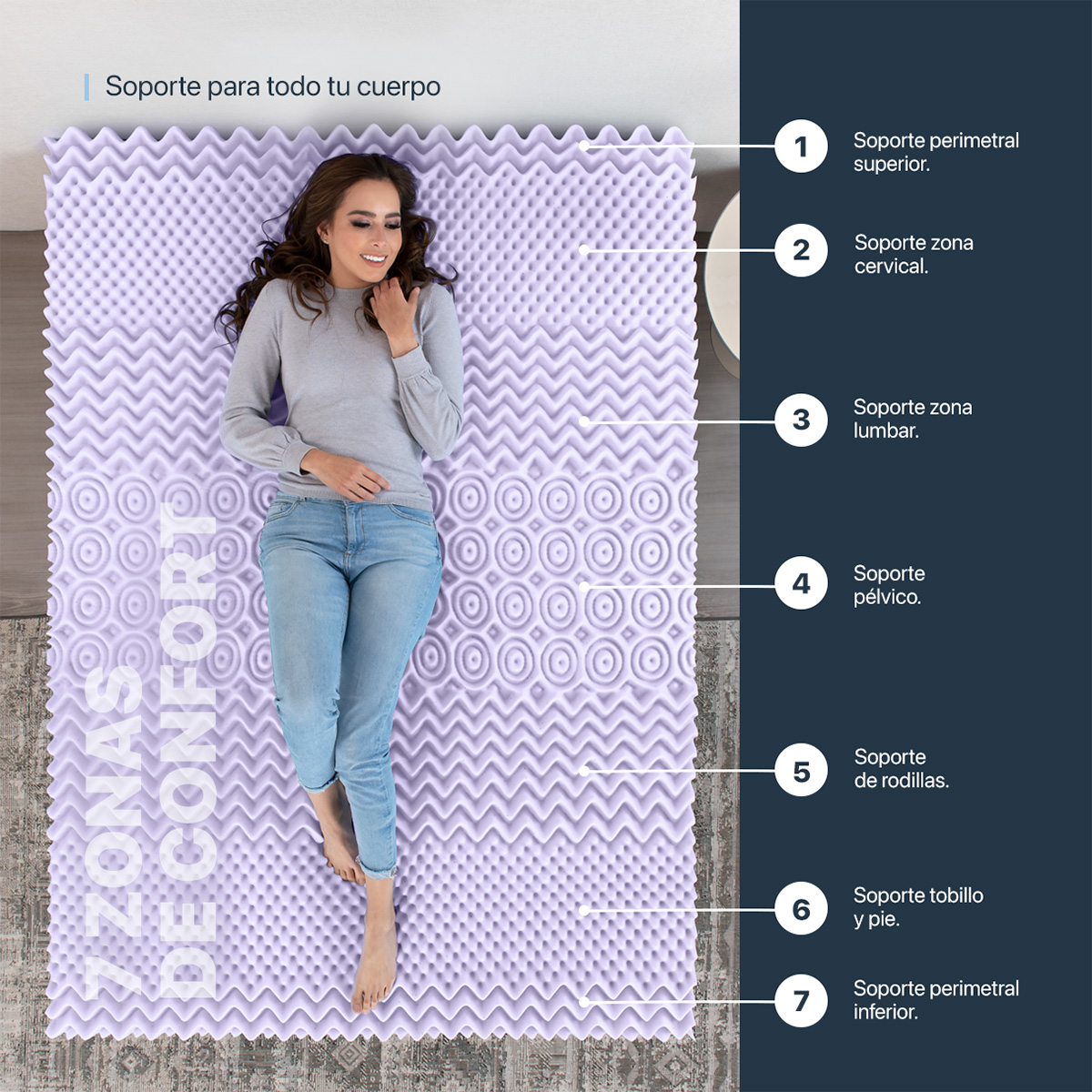 Colchoneta King Size de Memory Foam Cubre Colchón Topper con 7 Zonas de Confort Sobrecolchón Lavanda ESQUIMAL.