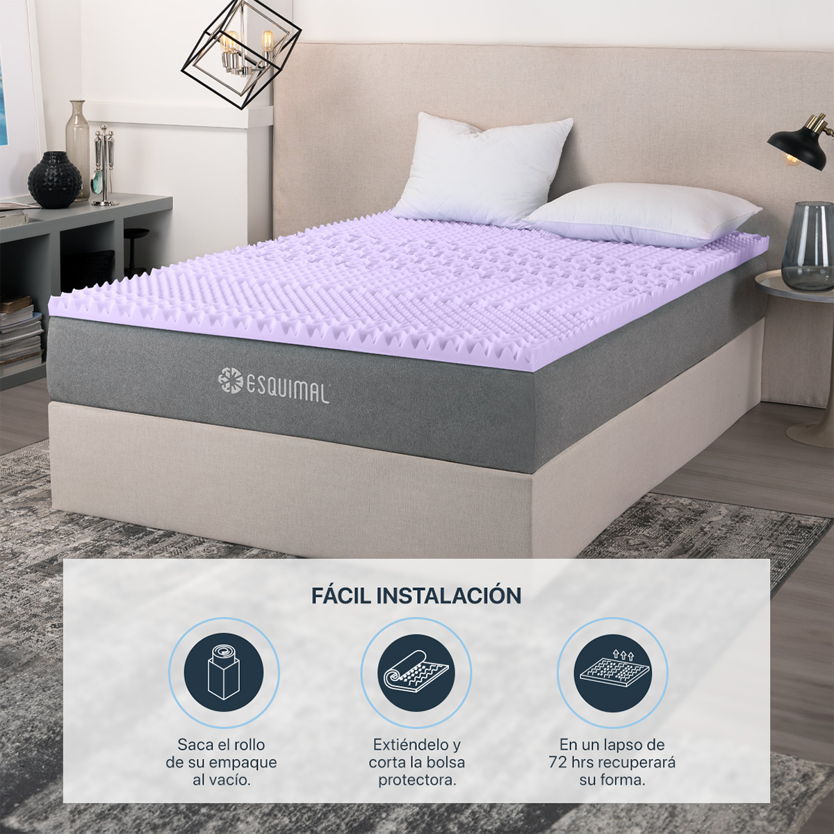 Colchoneta King Size de Memory Foam Cubre Colchón Topper con 7 Zonas de Confort Sobrecolchón Lavanda ESQUIMAL.