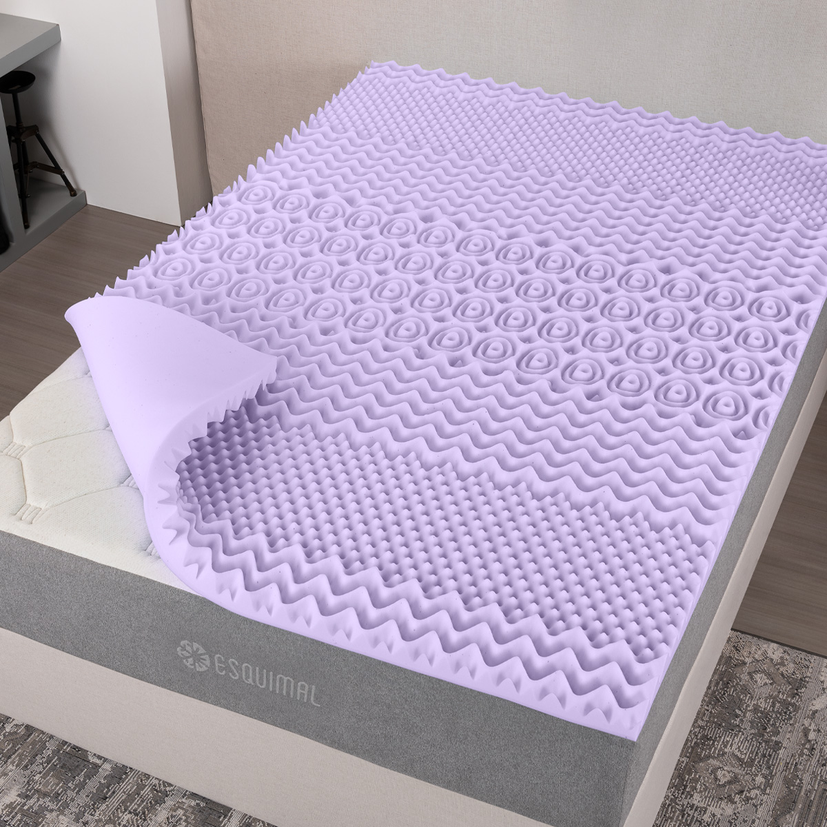 Colchoneta King Size de Memory Foam Cubre Colchón Topper con 7 Zonas de Confort Sobrecolchón Lavanda ESQUIMAL.
