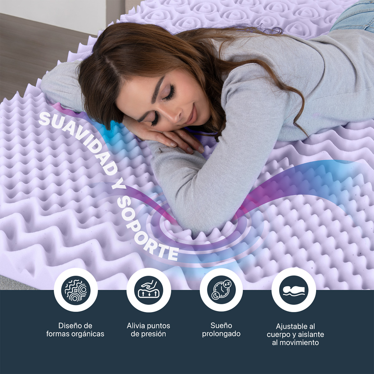 Colchoneta King Size de Memory Foam Cubre Colchón Topper con 7 Zonas de Confort Sobrecolchón Lavanda ESQUIMAL.
