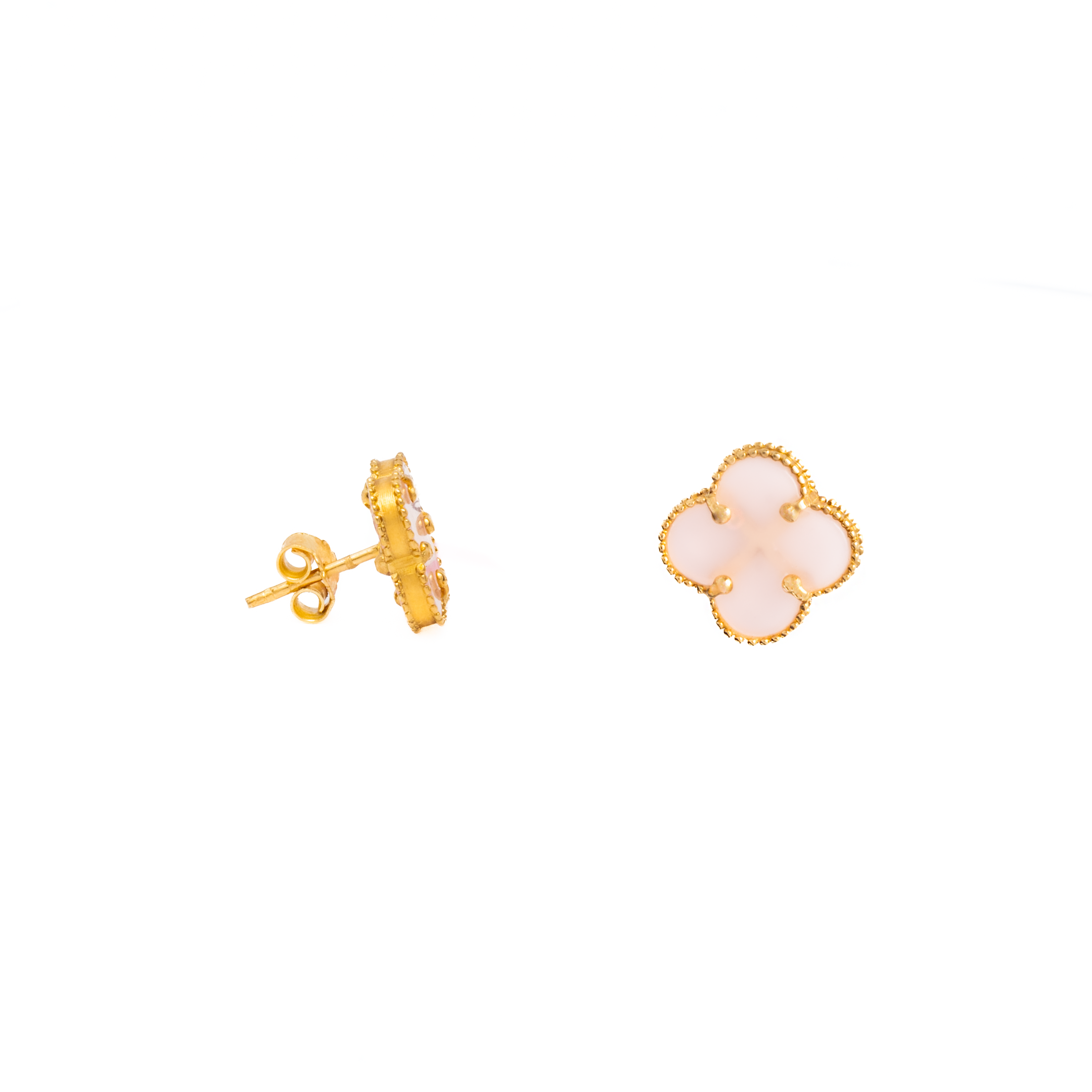 Aretes Trébol Rosa Traslúcido Oro 10 Kilates. Oro Fino Joyería..