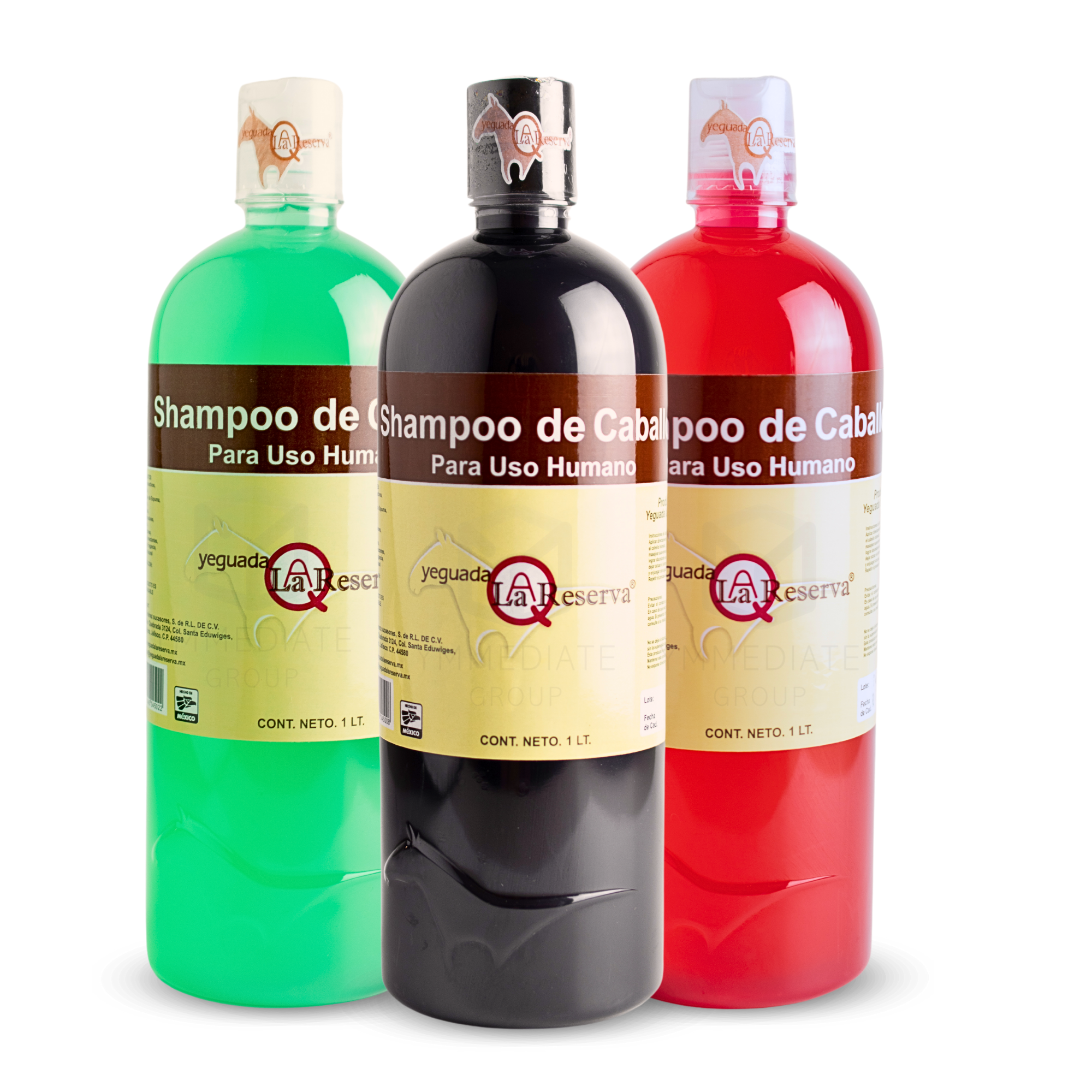 Shampoo de Caballo para Uso Humano, Yeguada la Reserva Presentaciones Verde, Rojo y Negro  Estimula el Crecimiento, Fortalecimiento y Brillo 1 L (12 Botellas Combinadas)