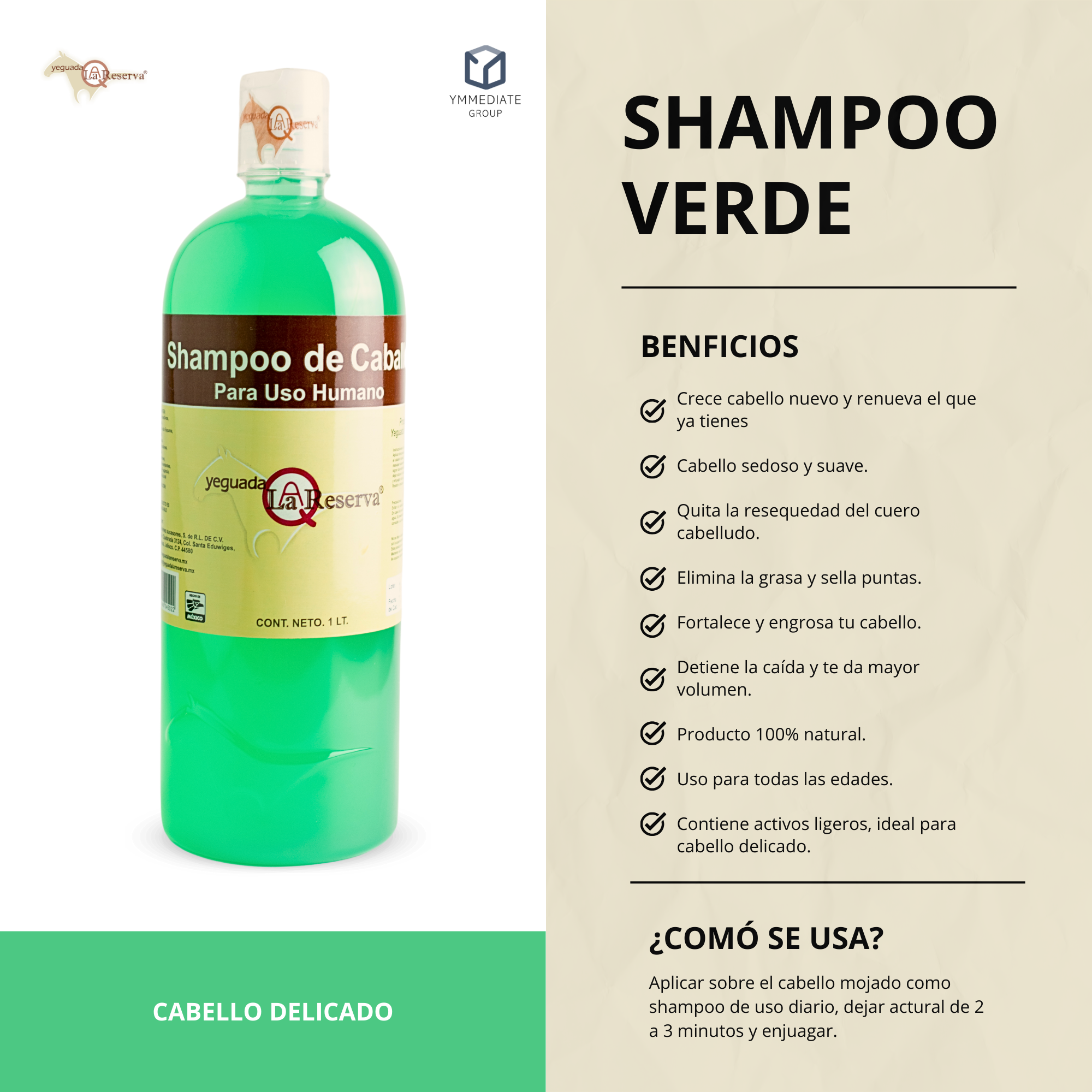 Shampoo de Caballo para Uso Humano, Yeguada la Reserva Presentaciones Verde, Rojo y Negro  Estimula el Crecimiento, Fortalecimiento y Brillo 1 L (12 Botellas Combinadas)