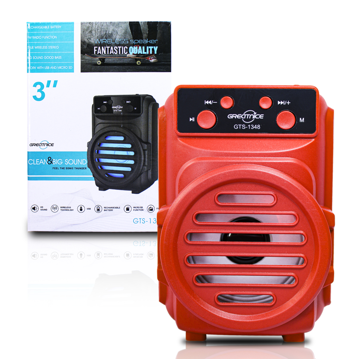 Bocina Rojo Greatinice 3 Pulgas Bluetooth Gts-1348 Luz Led.