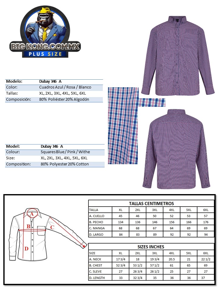 Camisa Tallas Extra Grande Caballero XL A 6XL Big Kong 346-A
