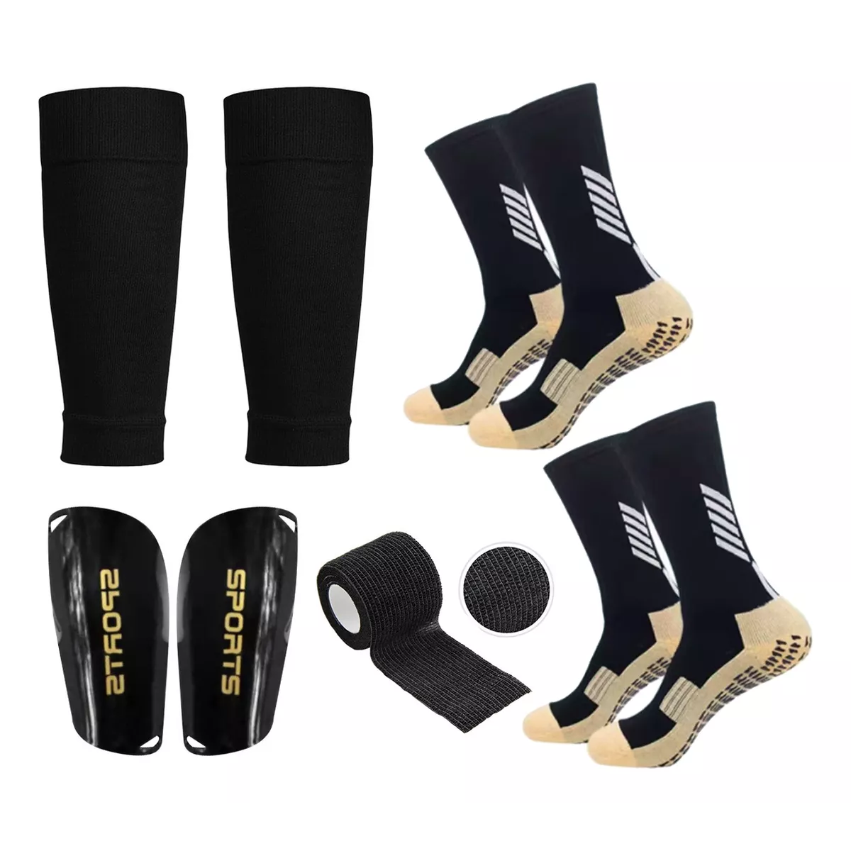 Set 2 Par Calcetines Antideslizantes Con Espinilleras Para Fútbol Negro.
