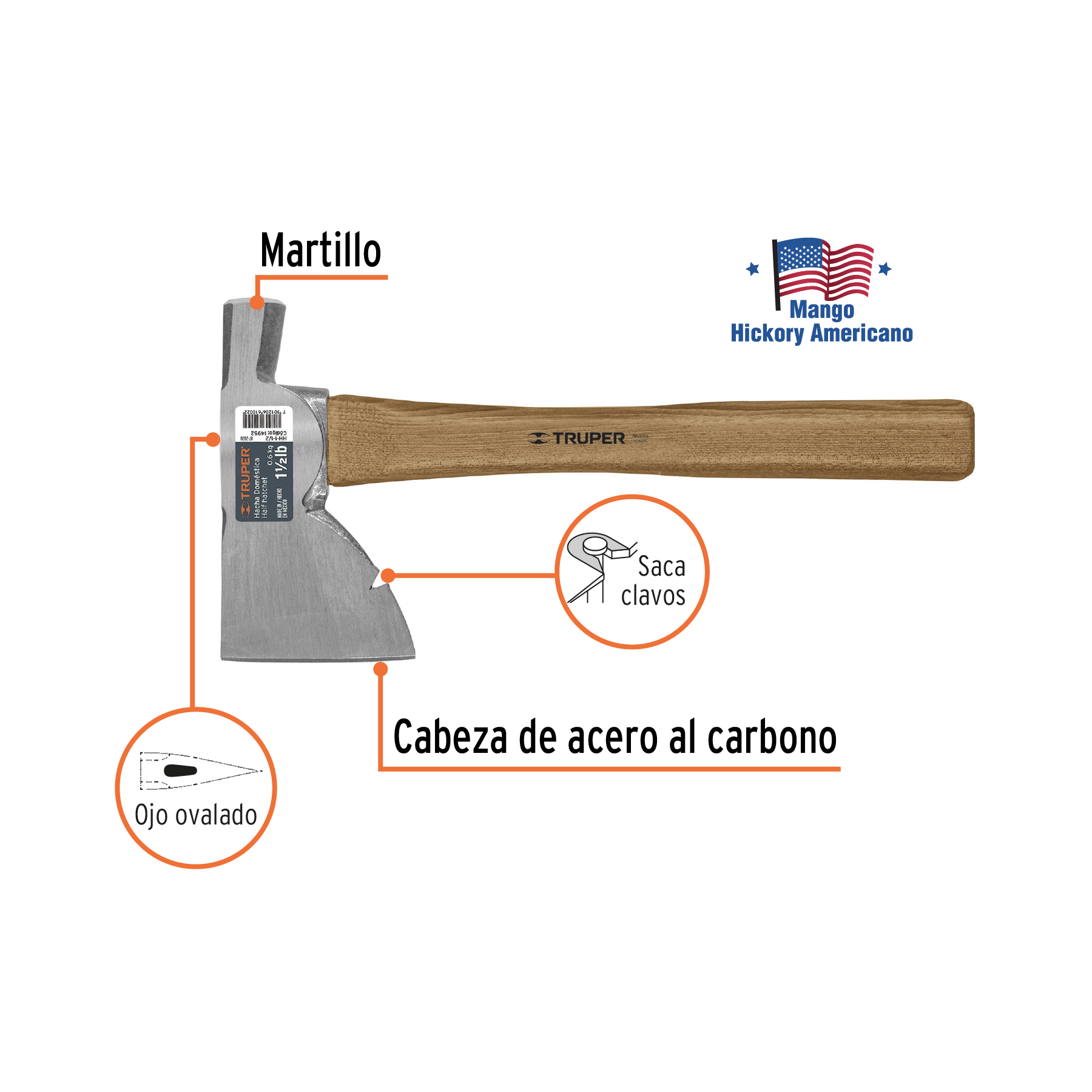HACHA DOMESTICA 1 1/2 LBS MULTIUSOS MANGO HICKORY 14952 TRUPER.