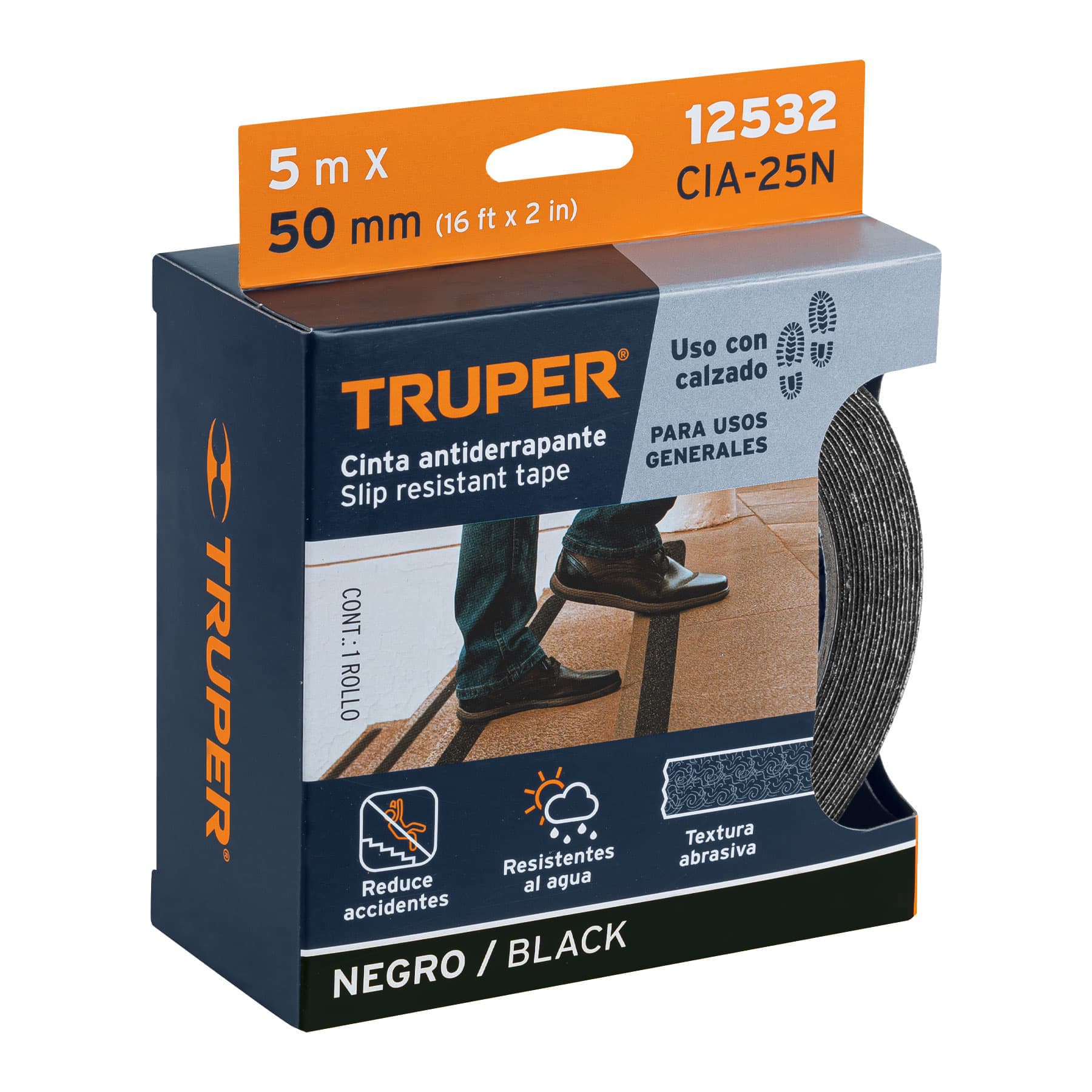 CINTA ADHESIVA ANTIDERRAPANTE EN ROLLO 50 MM NEGRA TRUPER 12532.