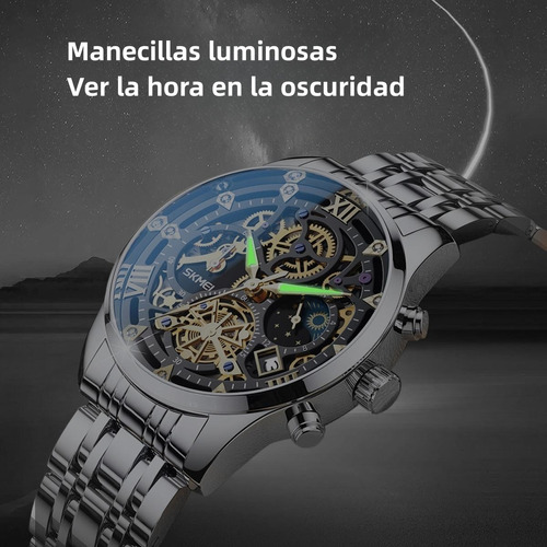 Reloj pulsera Skmei 7039 color plateado - fondo negro.