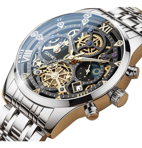 Reloj pulsera Skmei 7039 color plateado - fondo negro.