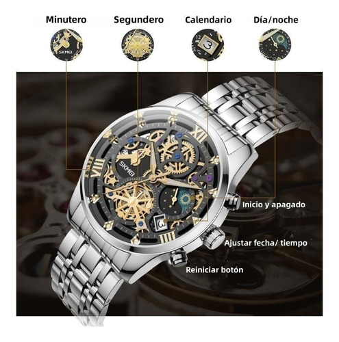 Reloj pulsera Skmei 7039 color plateado - fondo negro.