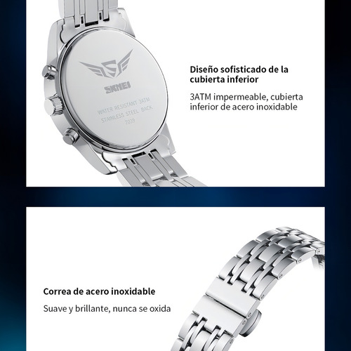 Reloj pulsera Skmei 7039 color plateado - fondo azul/negro.
