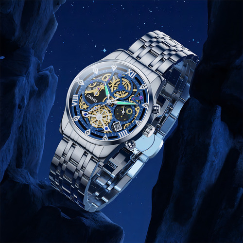 Reloj pulsera Skmei 7039 color plateado - fondo azul/negro.