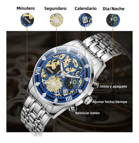 Reloj pulsera Skmei 7039 color plateado - fondo azul/negro.