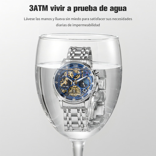 Reloj pulsera Skmei 7039 color plateado - fondo azul/negro.