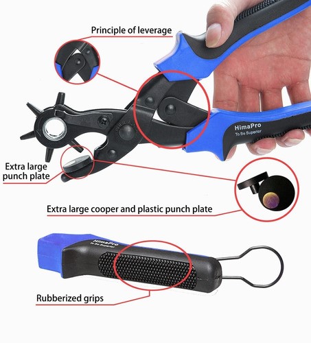Kit Pinza Sacabocados Ojilladora Perforadora Para Cinturón azul negro.