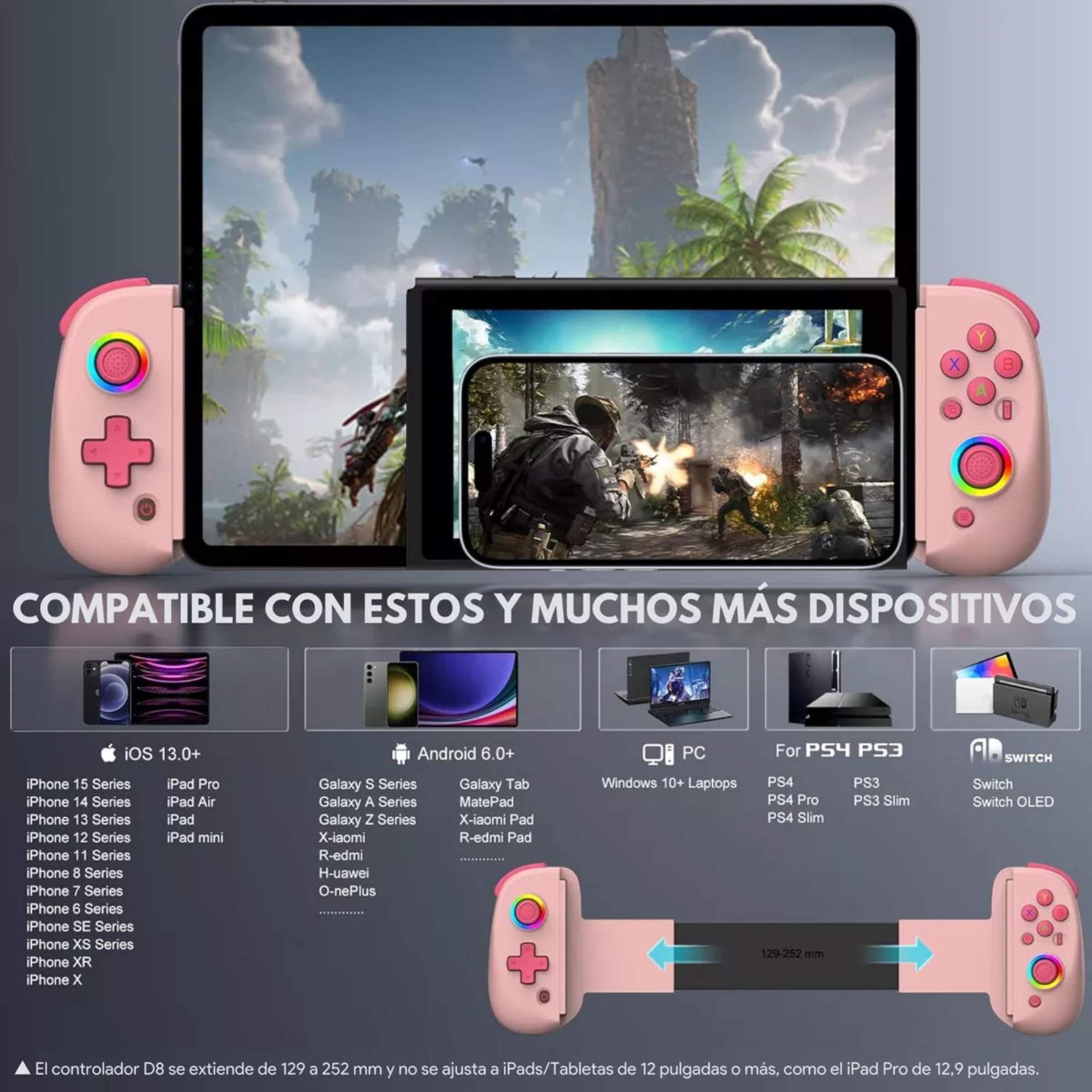 Control Gamepad Bsp D8 Joystick Rgb Hall Effect  Compatible Con iPhone, Android, Nintendo, Ps3, Ps4, Ps5,Color Rosa