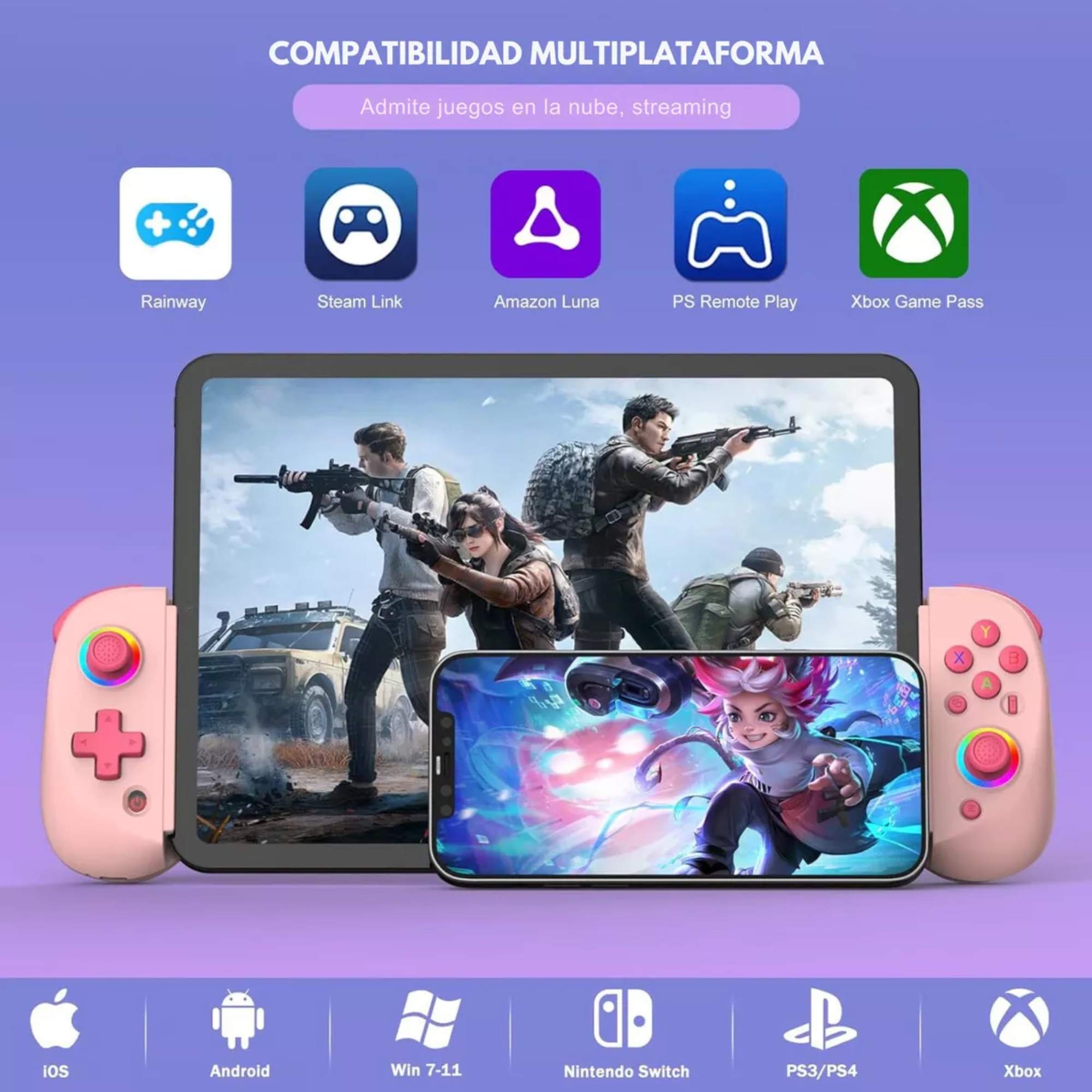Control Gamepad Bsp D8 Joystick Rgb Hall Effect  Compatible Con iPhone, Android, Nintendo, Ps3, Ps4, Ps5,Color Rosa