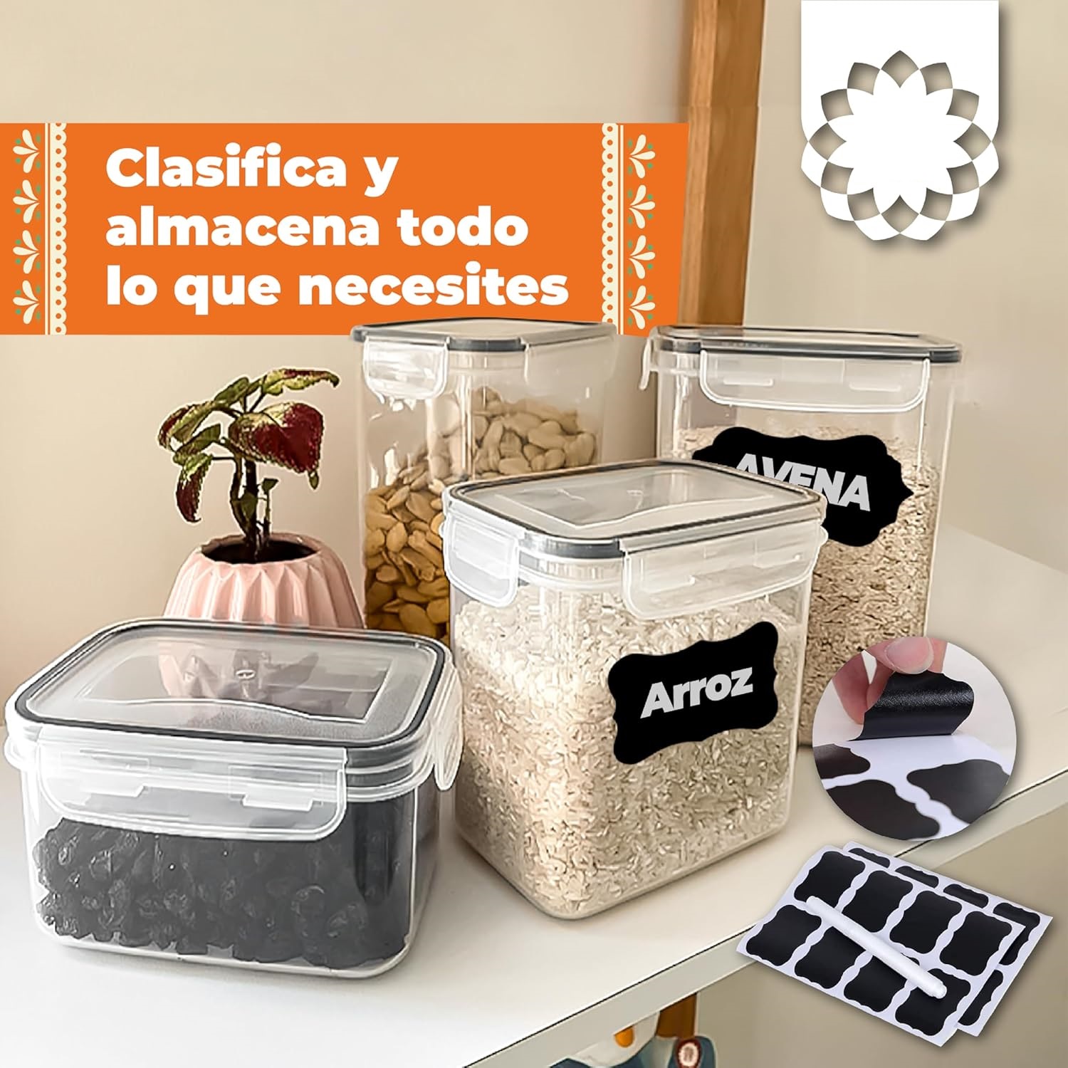 Juego de recipientes herméticos para almacenamiento de alimentos, organización y almacenamiento de cocina, sin BPA, con etiquetas, marcador y cucharas (42 Unidades).