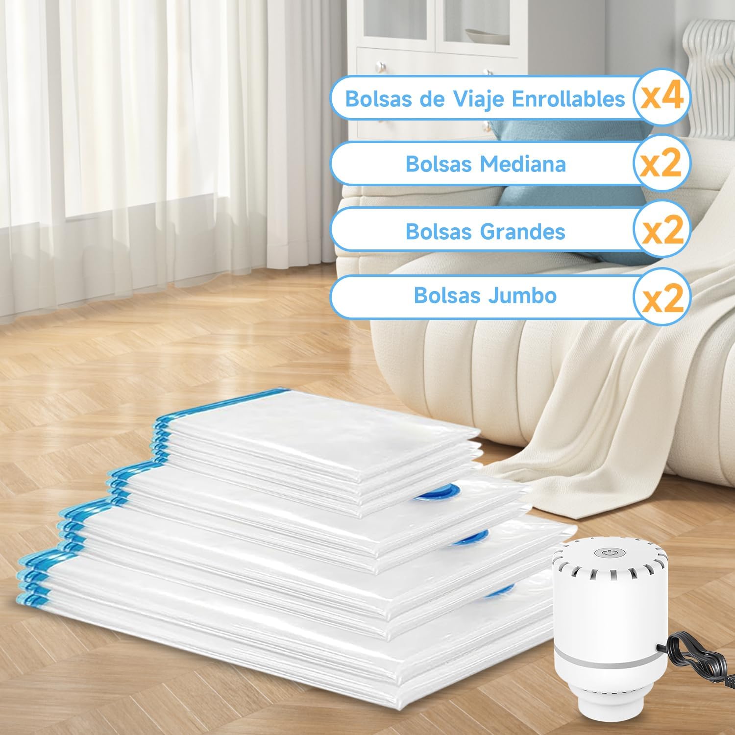Bolsa de Almacenamiento de Compresión Al Vacío con Bomba Eléctrica de Aire, Bolsas de Vacío para Ropa, Bolsas para Ahorrar Espacio(10 Pack).
