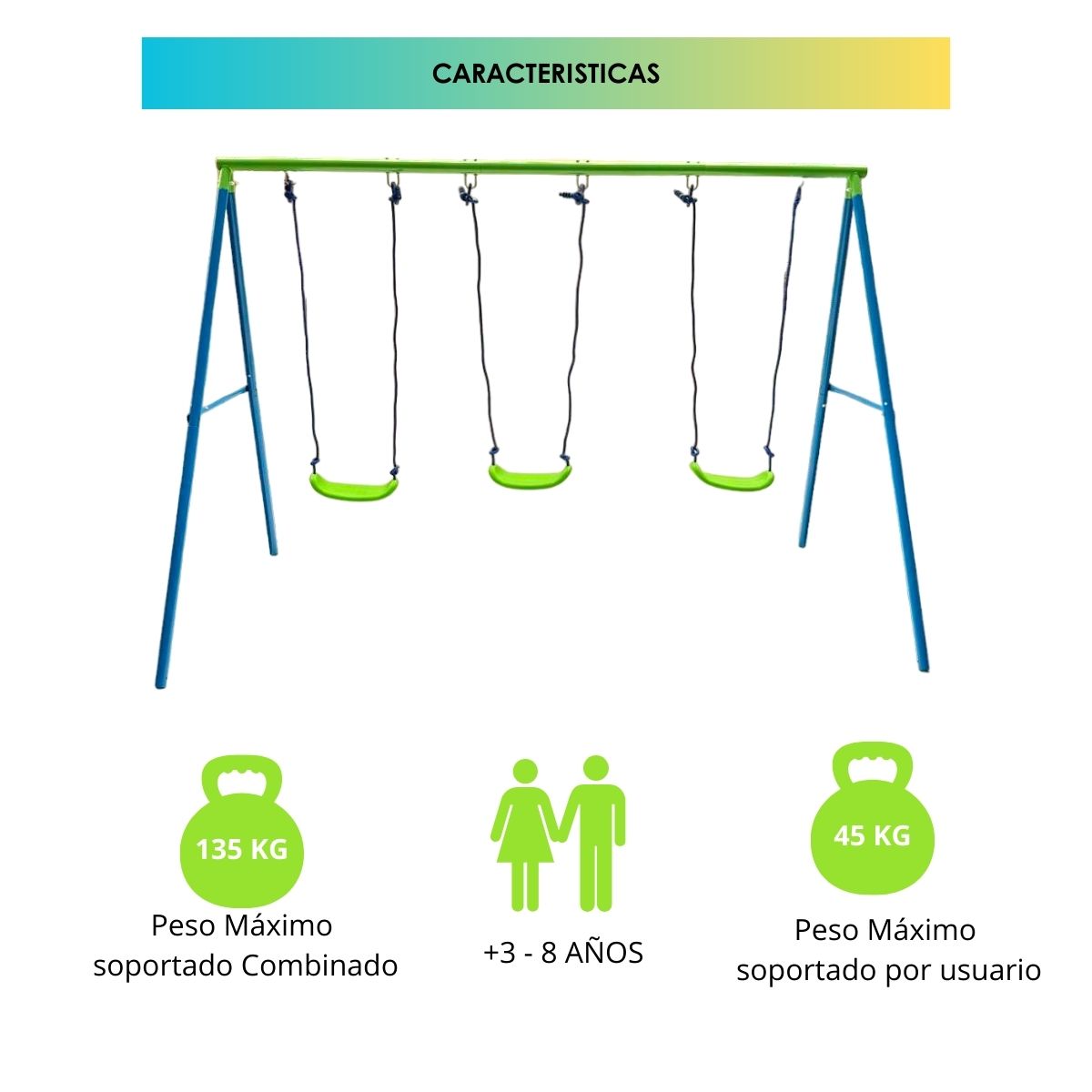 Columpio Infantil 3 Asientos Altura Ajustable Resistente.