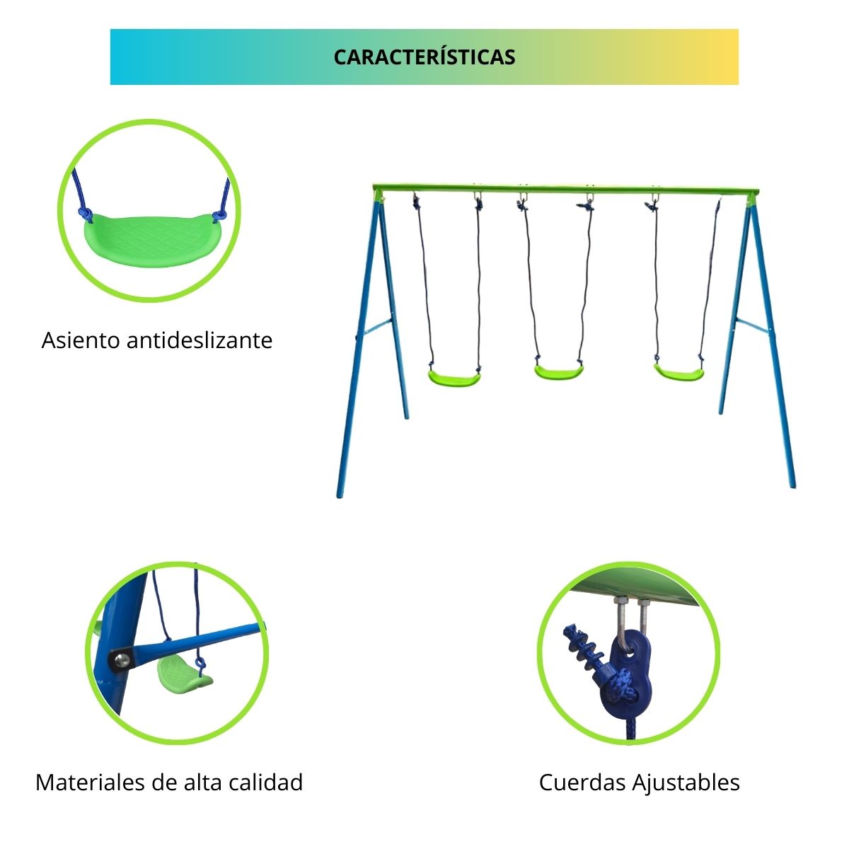 Columpio Infantil 3 Asientos Altura Ajustable Resistente.