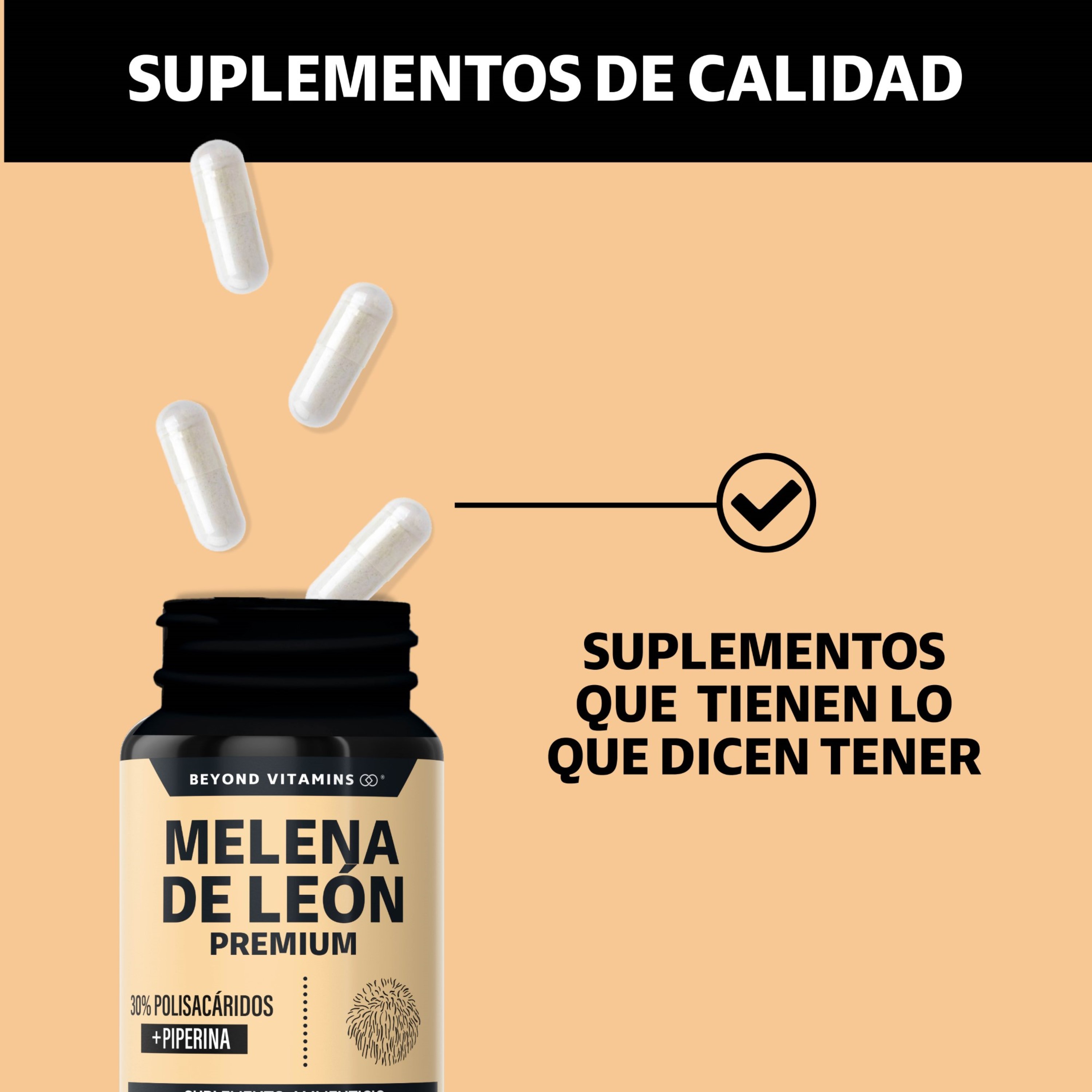 Suplemento Alimenticio Beyond Vitamins Hongo Melena de León Premium con Pimienta Negra 60 Cápsulas