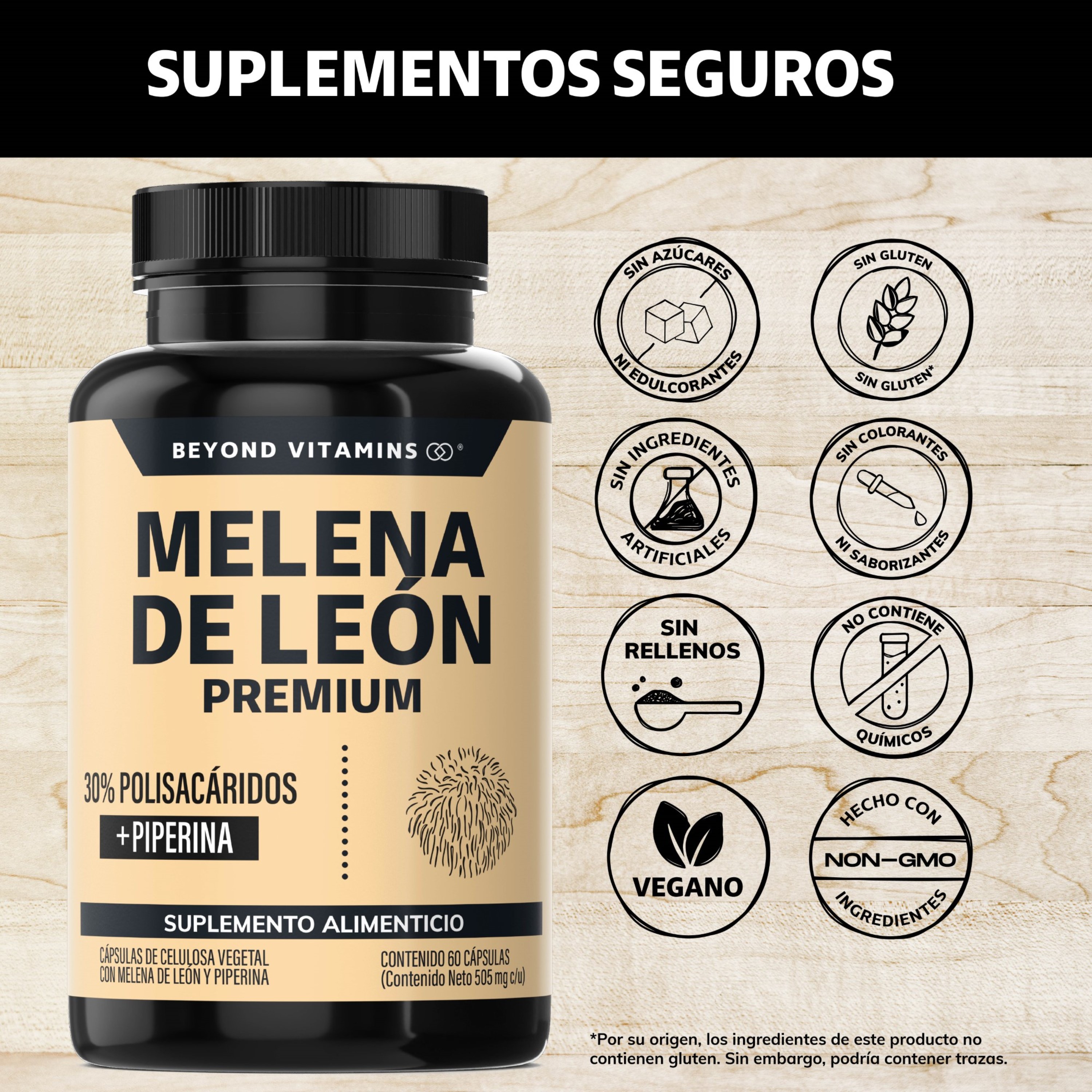 Suplemento Alimenticio Beyond Vitamins Hongo Melena de León Premium con Pimienta Negra 60 Cápsulas