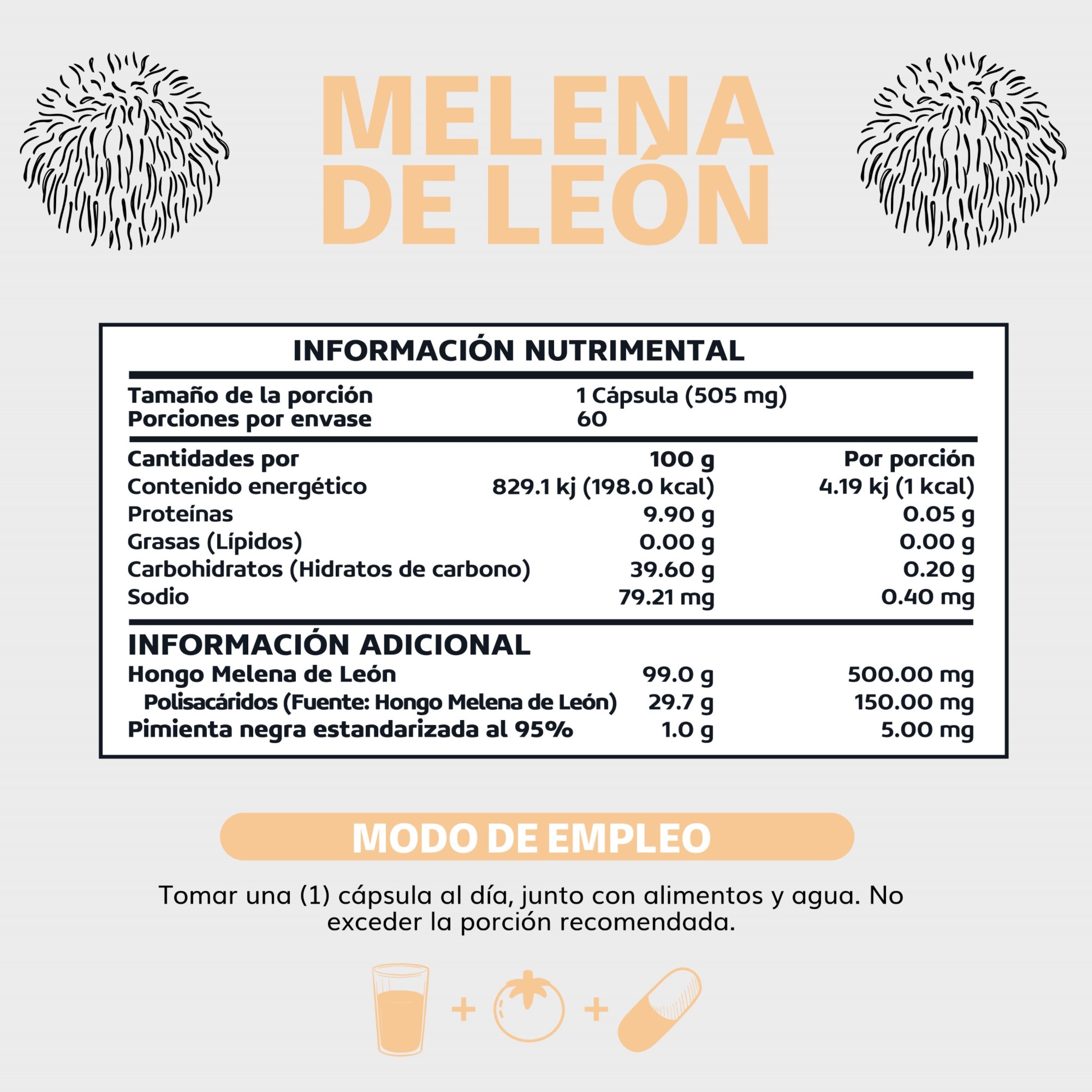 Suplemento Alimenticio Beyond Vitamins Hongo Melena de León Premium con Pimienta Negra 60 Cápsulas