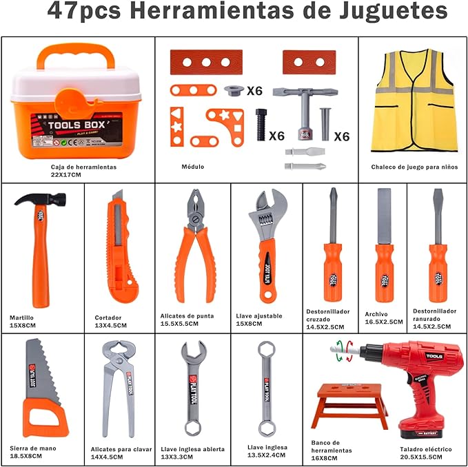 Juego de Herramientas para Niños, 47pcs Herramientas de Juguete con Chaleco y Taladro Eléctrico, Traje de Construcción de Juego de Simulación Regalo Navidad Cumpleaños para Niños 3 4 5 6 7 8 Año.