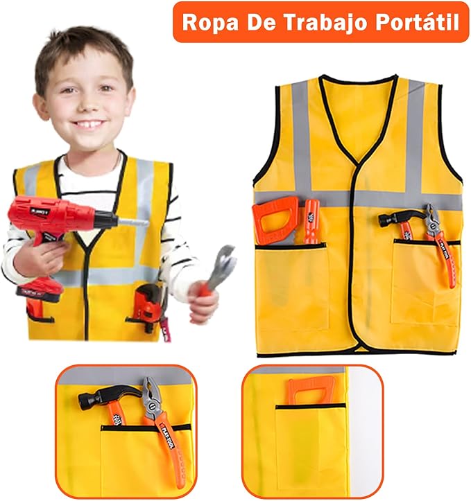 Juego de Herramientas para Niños, 47pcs Herramientas de Juguete con Chaleco y Taladro Eléctrico, Traje de Construcción de Juego de Simulación Regalo Navidad Cumpleaños para Niños 3 4 5 6 7 8 Año.