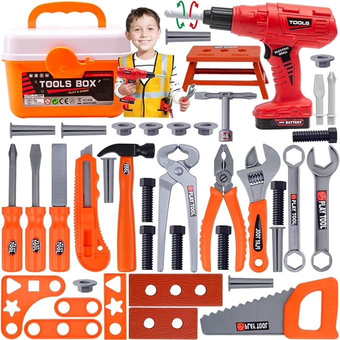 Juego de Herramientas para Niños, 47pcs Herramientas de Juguete con Chaleco y Taladro Eléctrico, Traje de Construcción de Juego de Simulación Regalo Navidad Cumpleaños para Niños 3 4 5 6 7 8 Año.