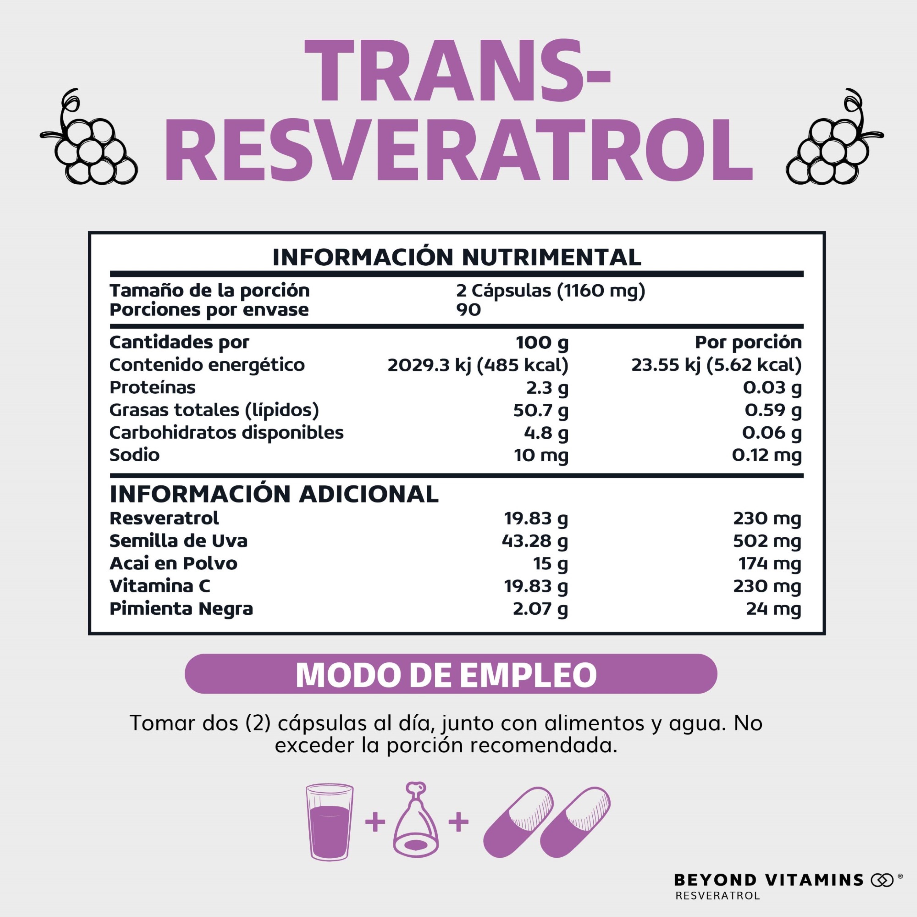 Suplemento Alimenticio Beyond Vitamins Resveratrol 180 cápsulas
