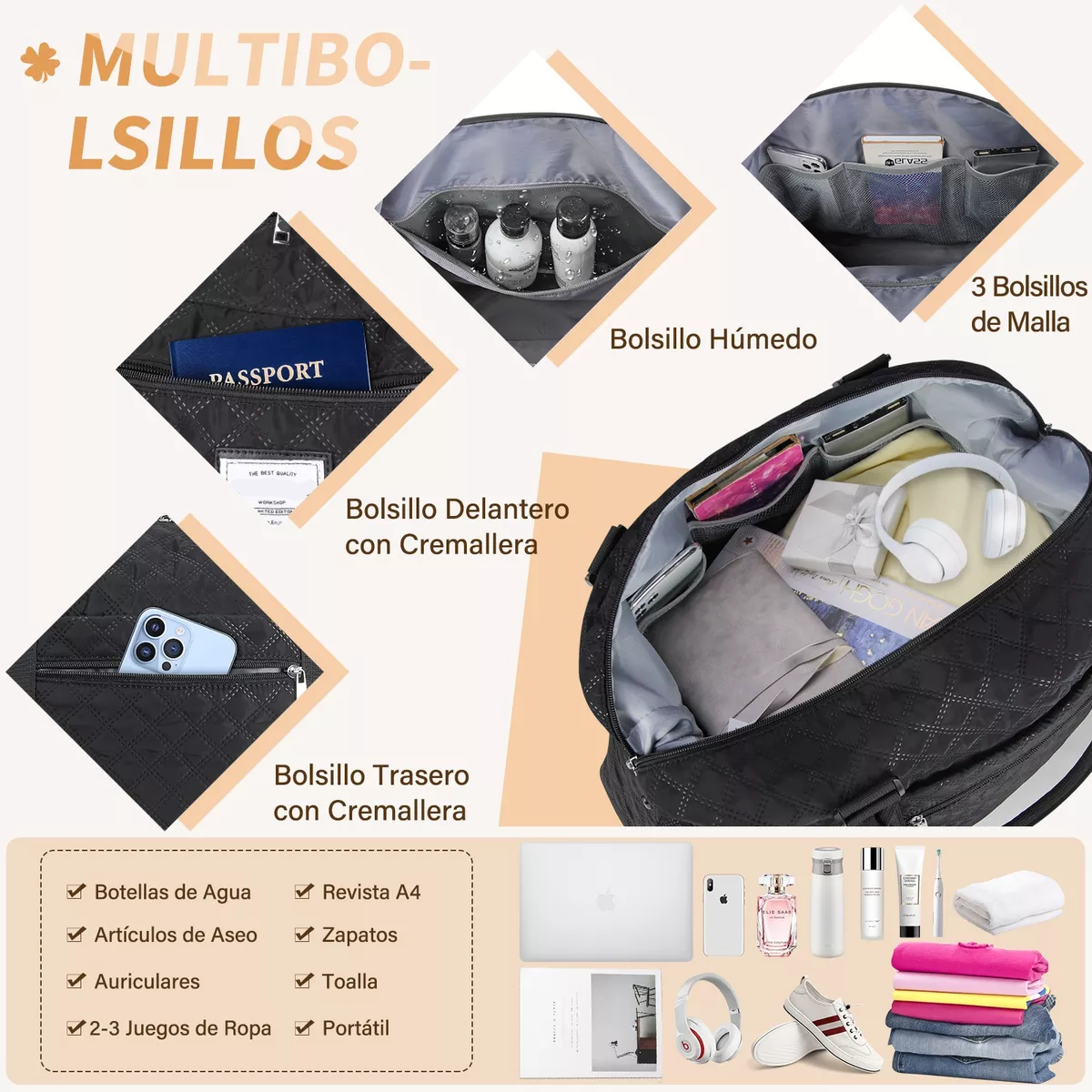 Maleta Deportiva Mujer Impermeable Bolsa Para Gym Negro
