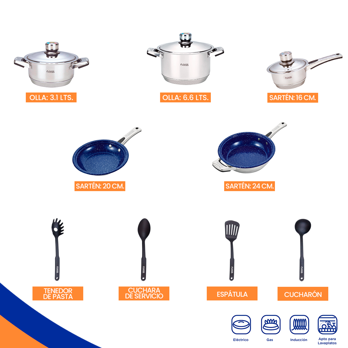 Batería De Cocina Flavor Kitchen Acero Inox Quirúrgico 12 Pz