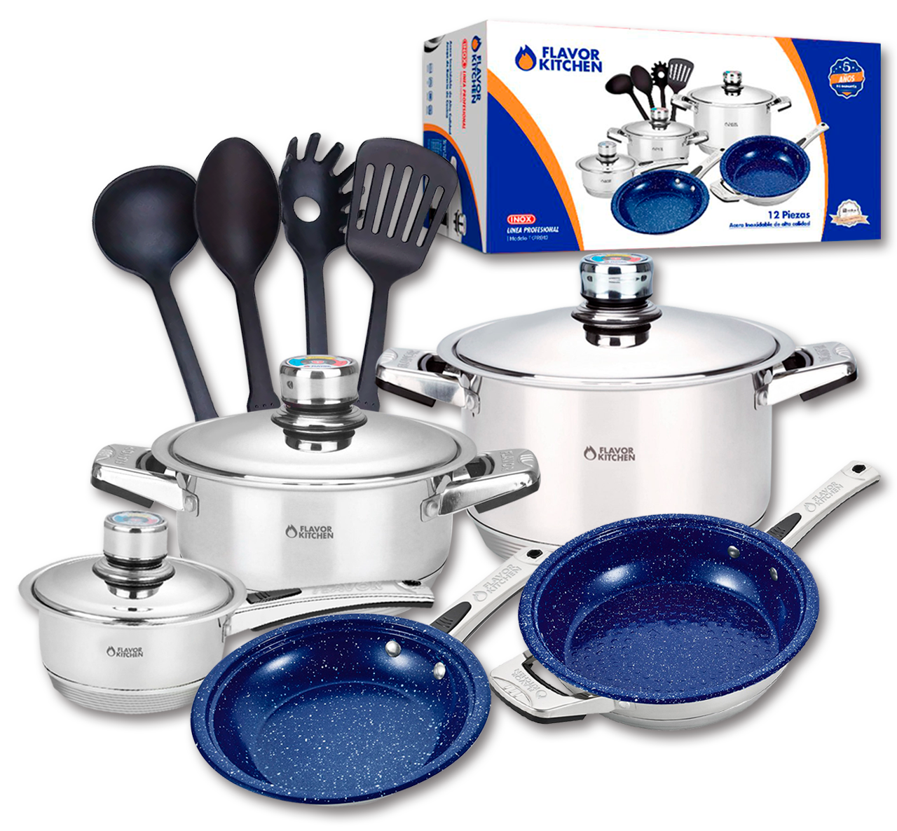 Batería De Cocina Flavor Kitchen Acero Inox Quirúrgico 12 Pz