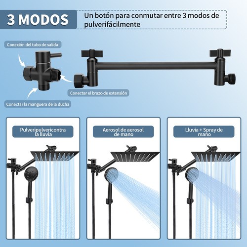 Skbe® Regadera de ducha Baño Cuadrada Color Negro Mate De Mano De Alta Presión 5 Modos