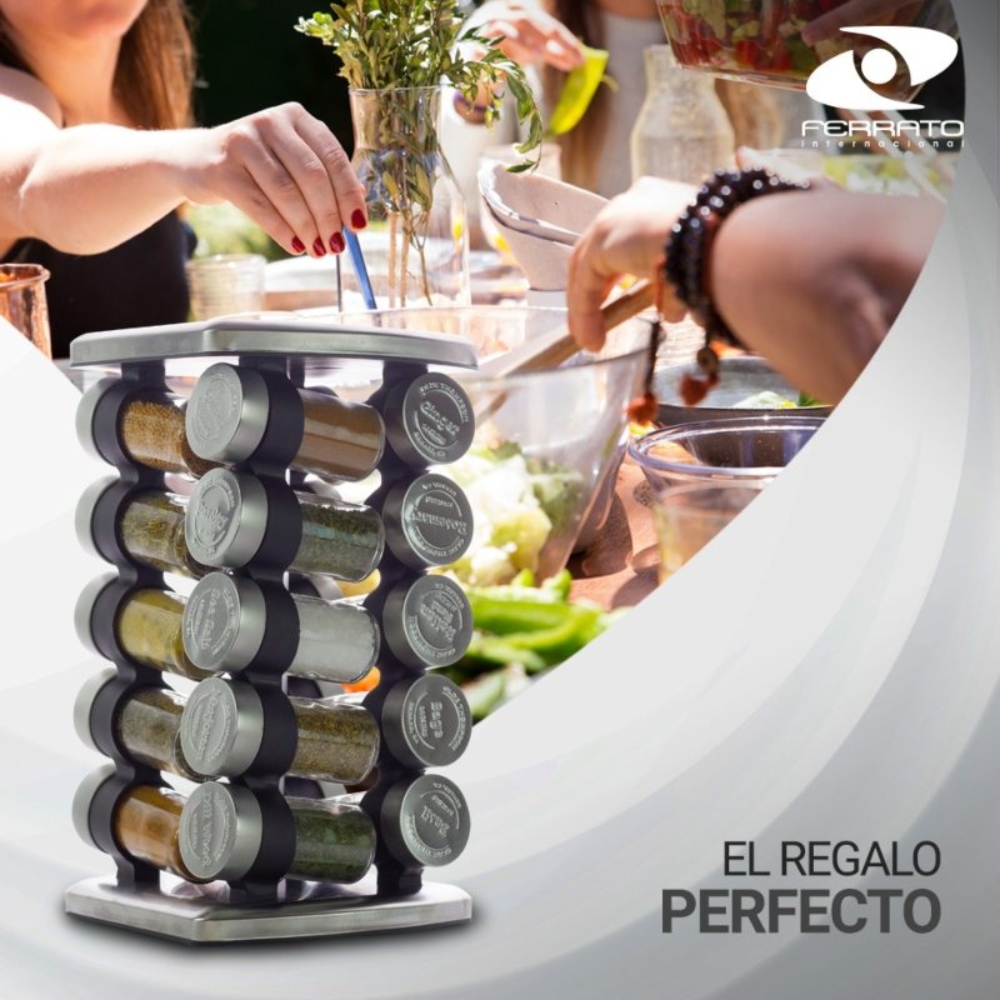 Especiero con Especies para 20 Frascos Base de Acero Inoxidable Giratorio  