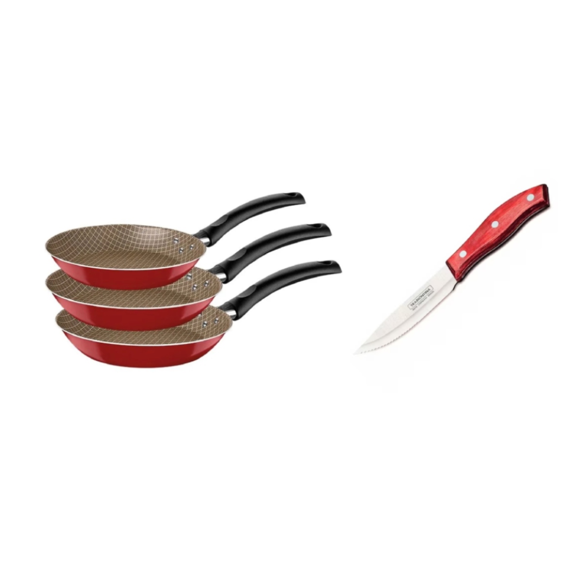 Paquete Tramontina Sartenes Turim Rojo 3 Pzas + Cuchillo P/Asado Jumbo Polywood ENDY